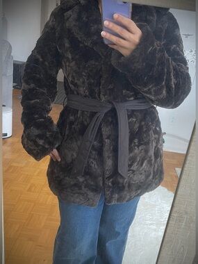 Belted Plush Teddy Jacket in Dark Brown